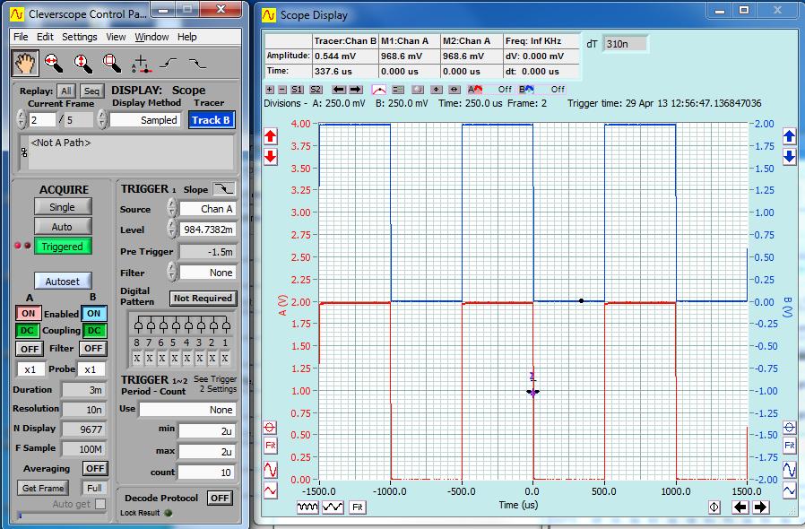 v2.11 Cleverscope CS300 Reference Manual Start-up First Capture Channel A Channel B Y-Axis X-Axis Triggering is displayed in the lower half of the Scope display and is coloured red.