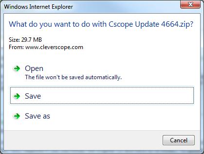 Cleverscope CS300 Reference Manual v2.11 Installation to download the full installer. Choose the option of saving the zip file rather than opening it.