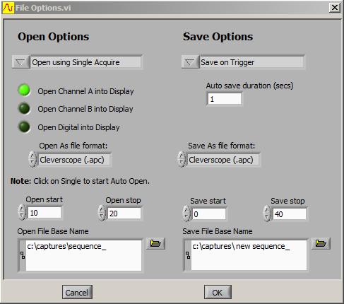 File Options Dialog The File Options dialog (explained below) is used to set automated open and save options. This example shows Cleverscope.