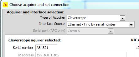 Remains greyed-out if not required for the Type of Acquirer selected. The default for Cleverscope is USB.