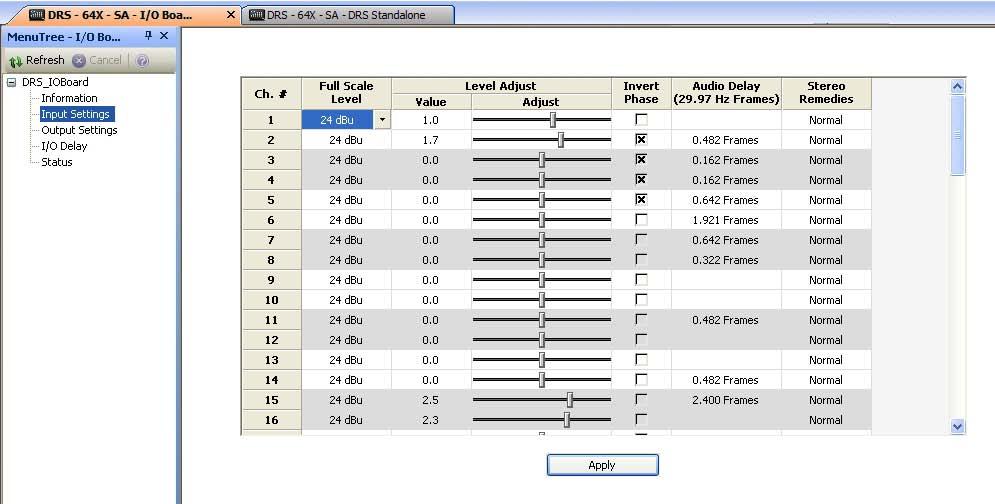 DRS-SA AUDIO ROUTER CHAPTER 5 Figure 5-7 Analog Audio Input Settings Screen Port # and Channel # (AES Settings Screen Only) - The left-most column is labeled Port Number (Port #), the next column to