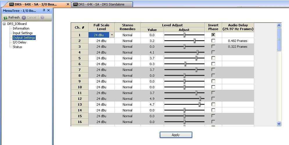 DRS-SA AUDIO ROUTER CHAPTER 5 Figure 5-9 Analog Audio Output Settings Screen Port # and Channel # (AES Settings Screen Only) - The left-most column is labeled Port Number (Port #), the next column to