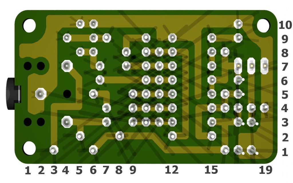 Amplifier printed circuit The connections between components are few and components are all positioned at 2.54 mm pitch. So it is possible to use a piece of a thousand-holes breadboard.