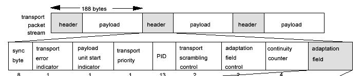 Transport stream header Sync byte always hex 47 (bin 1000 1111) Transport error error during transport Payload start (PES or PSI data) Transport priority PID (13