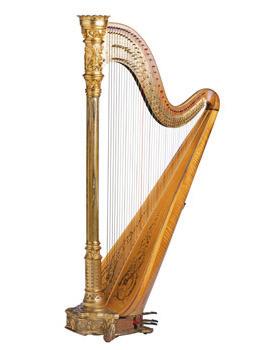 Some strings are different colored which helps the performer play the correct strings. The harp sits between the knees of the player and rests on their right shoulder as they play.