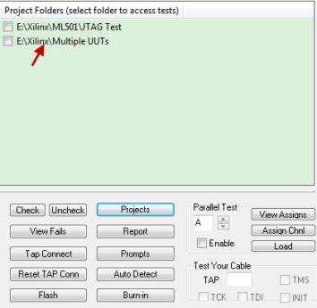 Selecting a Project Folder From the Test screen, selecting the Projects button will display a list of