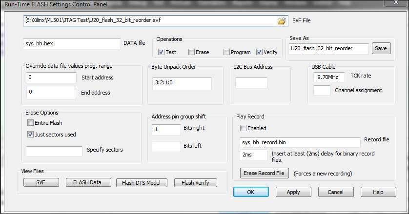 Flash Control Selecting the Flash control button (Figure 27) will display the panel where run-time settings, such as data files and TCK rates, can be changed