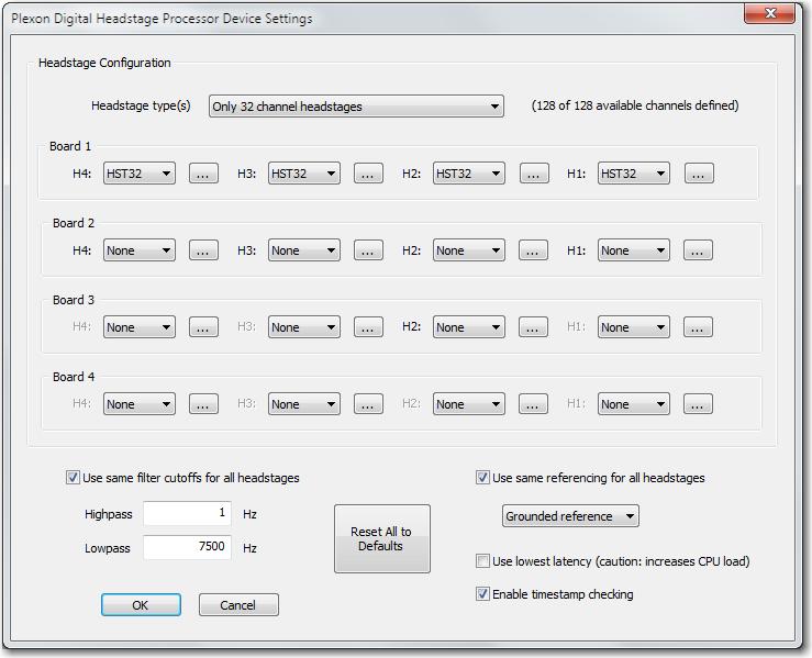 Release Notes for OmniPlex 1.12 (cont) 7/2/2014 The Device Options dialog is displayed: The above example shows the default settings for a 128 channel topology.