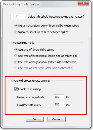 Release Notes for OmniPlex 1.12 (cont) 7/2/2014 The thresholding options dialog is displayed: Note that rate limiting is enabled by default.