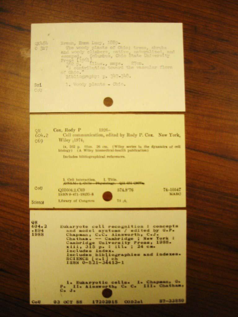 Three Generations of Catalog Cards Top: Hand typed
