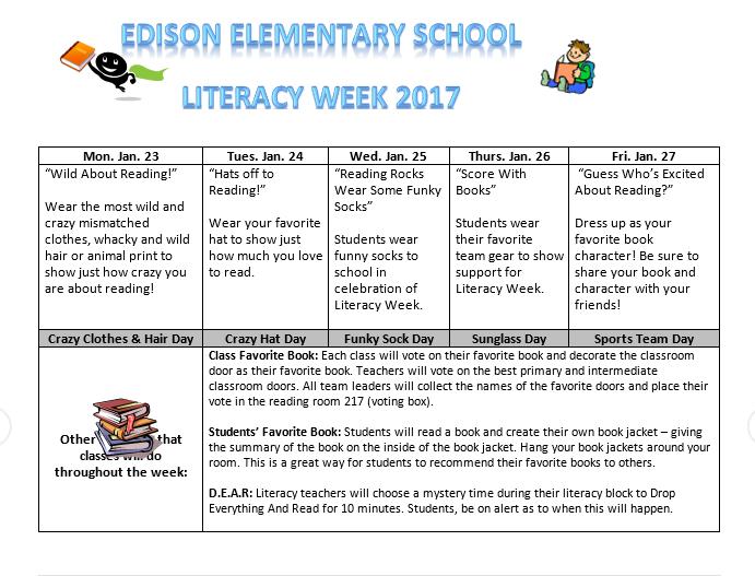 Edison Essrig Folsom School: Essrig Thursday, 1/19: Camp Read Alot Literacy Week Kick-Off Monday, 1/23: Bookmark Contest of favorite book Tuesday, 1/24: Guess that Book on the morning show Wednesday,