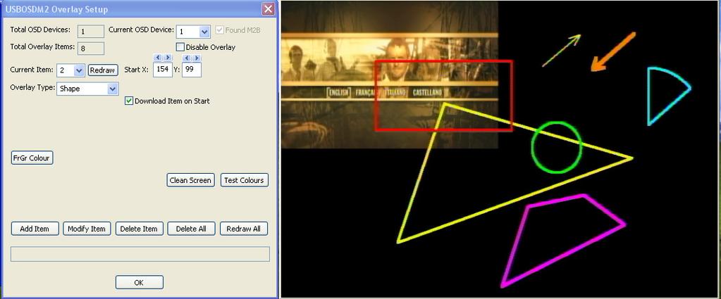 In addition to the dot location on video frame, each Shape overlay item also can define its colour, pixel width and height, and Regular Shape type: line, polygon, arrow, arc,