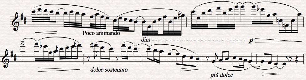 20 good intonation. Knowing this, it is no surrise that the most effective fingering for the G6 in measure 6 is a very simle one that requires a minimal amount of movement by the fingers.