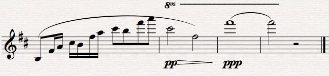 25 Figure 10. Final four measures of Prologue from saxohone art The first altissimo note in Figure 10, the A6, can be layed using the same fingering shown in Figure 7.