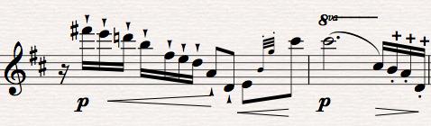 27 in Figure 14. Measure 9 also contains the note C#7 and is also made difficult by a very large interval receding the C#7. Figure 14 s fingering is again the most effective fingering for this note.