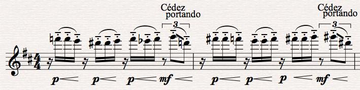 28 Figure 14. Altissimo fingering diagram D7 C#7 B6 A#6 G#6 There are other assages containing altissimo that are made difficult by the articulations and seed at which the altissimo notes are layed.