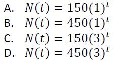 The table shows two values of the function. Which equation can be used to find the number of plants in the pond at time t? 10.