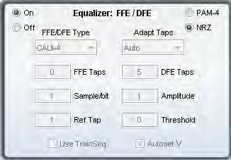 When MIPI is selected in the drop-down menu, the following field values are grayed out and their values set by internal algorithms: FFE Taps = 0 Sample/bit = 1 Ref Tap = 1 Use trainseq = unchecked