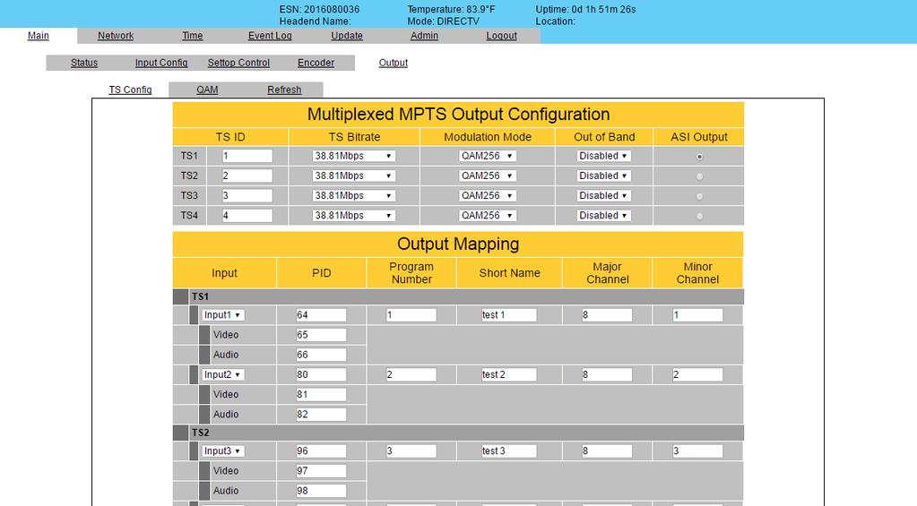 the user can select and configure the following parameters of the MPTS output stream: Figure 6.6. - Main > Output > TS Config Screen TS ID: user must enter the identification number for the output TS.