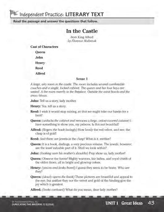Lesson 2 Literary Text Page 43 Independent Practice Title: In the Castle Genre: Play Lexile Measure: N/A Skill Focus: Character, Play Graphic Organizer: Analyzing Character Vocabulary To help with