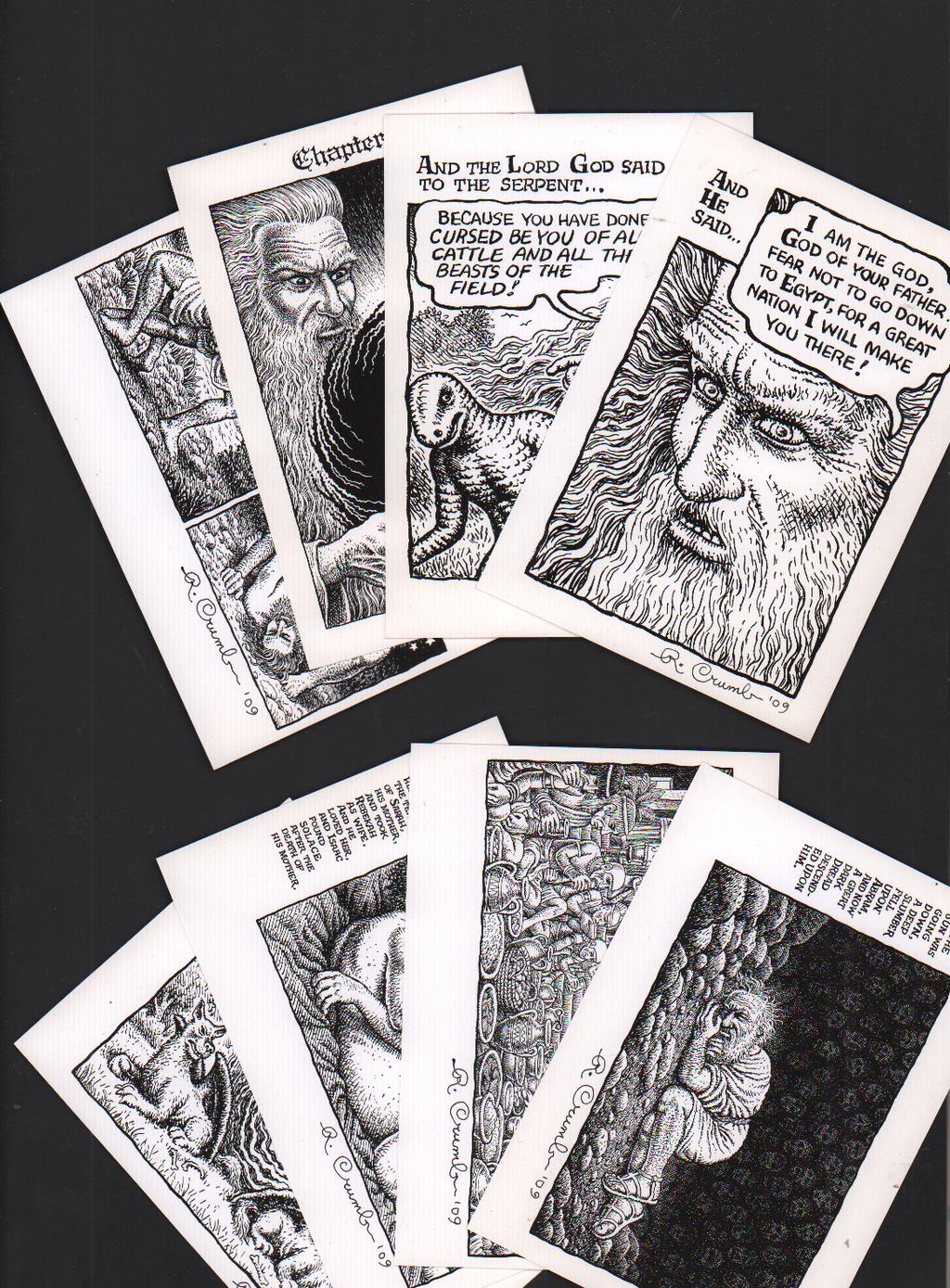 (13) Crumb, R. [SET OF 8 BOOK OF GENESIS POSTCARDS] Los Angeles: Hammer Museum, 2009. Set of eight different glossy B&W postcards [15 cm x 10.5 cm]. Fine.