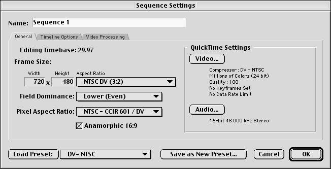 Creating 16:9 Sequences To create a 16:9 sequence, specify the Anamorphic 16:9 option in the Sequence Settings or Preset Editor window.