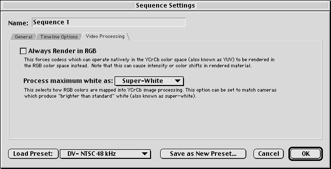3 Select the desired options, then click OK. Note: These options are available for codecs (compression/decompression standards) that support YCrCb color space.