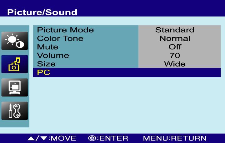 B. Picture/Sound Option Function Value Picture Mode Sets picture mode. See table below Color Tone Sets color tone. See table below Mute Mutes speaker sound.