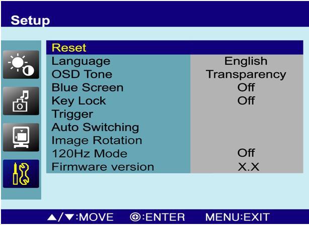 D. Setup Option Function Value Reset Resets the monitor settings to their factory default. Language Sets the language of the OSD menu.