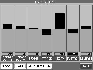 To make a User Sound: 1) Select the sound you want to edit and press the SOUND EDIT button (F7). The LCD screen will display the Sound Edit Menu.