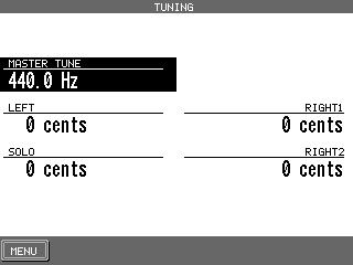 Tuning Tuning allows you to adjust the CP s pitch. You may need to adjust the tuning when you play with other instruments. The master pitch is displayed in Hertz. The range of adjustment is from 427.