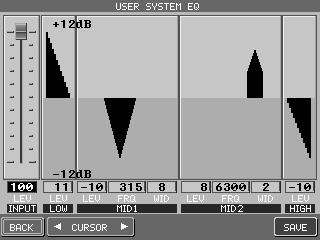 To create a User EQ: 1) Select one the ten EQ settings to edit and press the EDIT button (F7). The LCD screen will display the User System EQ screen.