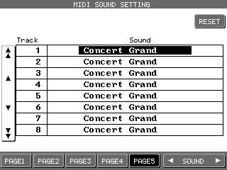 MIDI Sound Settings On page five of the MIDI Settings you can determine which sound will be played by the CP when it receives note information from an external MIDI device for each MIDI channel.