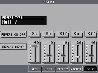 L2 Selects the Reverb type. Use the Dial to choose one of the 7 Reverb types. L 1 L3 Selects Reverb on/off. Use the Dial to turn the Reverb on/off for the selected Part. L4 Selects Reverb depth.