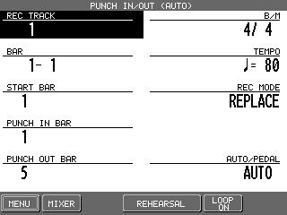 To use Punch-in recording: 1) Select Punch In/Out in the Advanced Recorder menu. 2) Use the L and R buttons to select the options and change their values using the Dial.