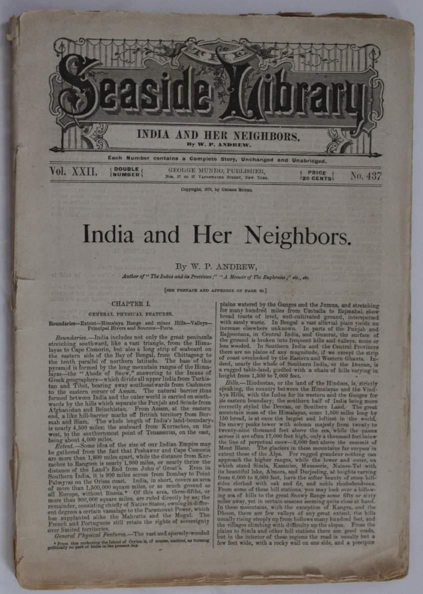 Wright s copy, India and Her Neighbors, by W.P. Andrew The Seaside Library, No.437, about 1878.