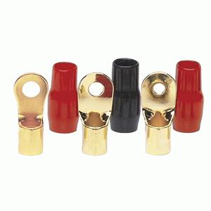 4AWG 5/16in GOLD RING TERMINALS. Includes 10 Red & 10 Black Vinyl Covers. 20 Pack.