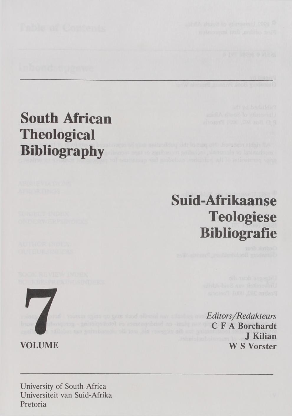 South African Theological Bibliography Suid-Afrikaanse Teologiese Bibliografie 7 VOLUME