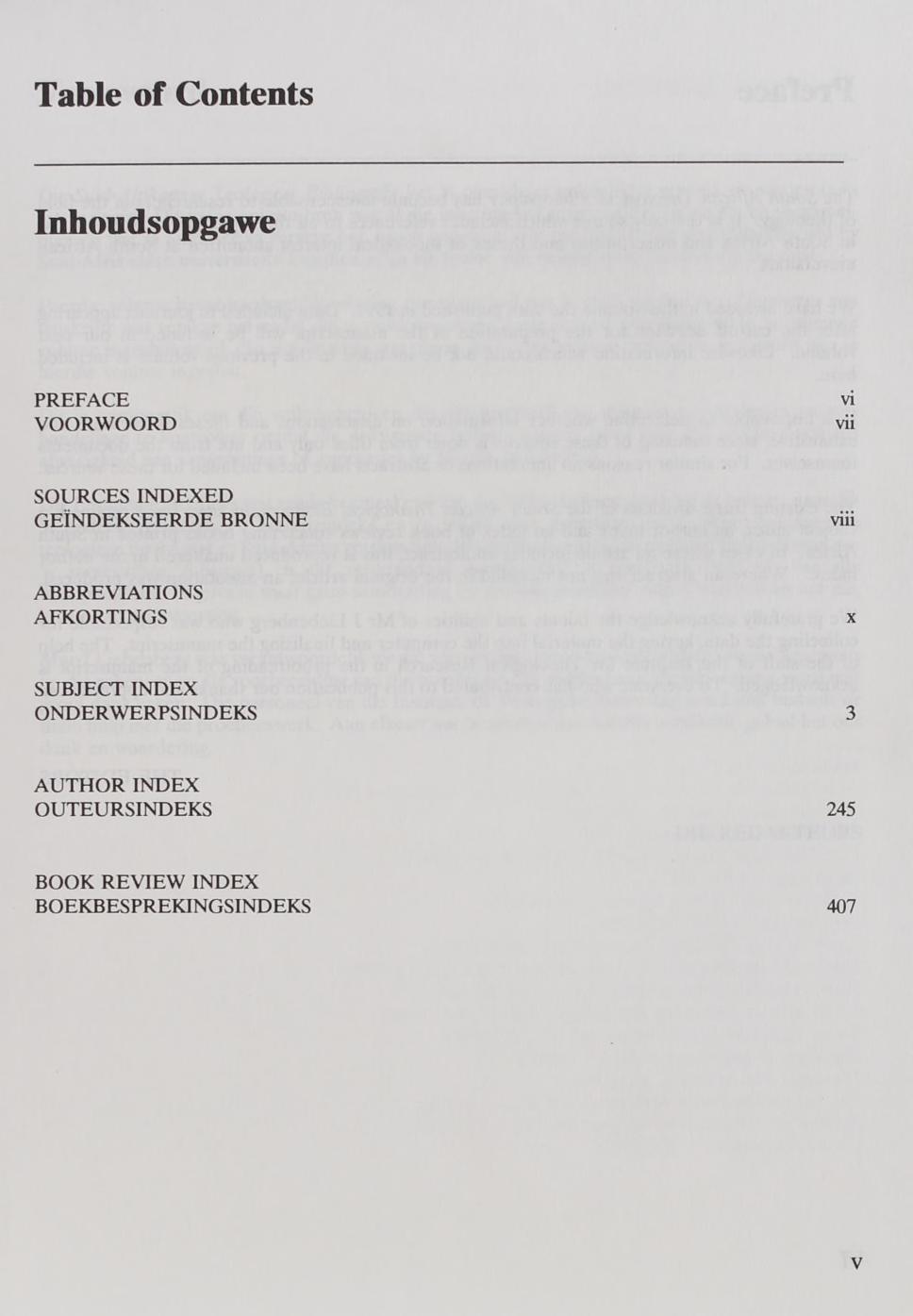 Table of Contents Inhoudsopgawe PREFACE VOORWOORD vi vii SOURCES INDEXED GEÏNDEKSEERDE BRONNE viii ABBREVIATIONS