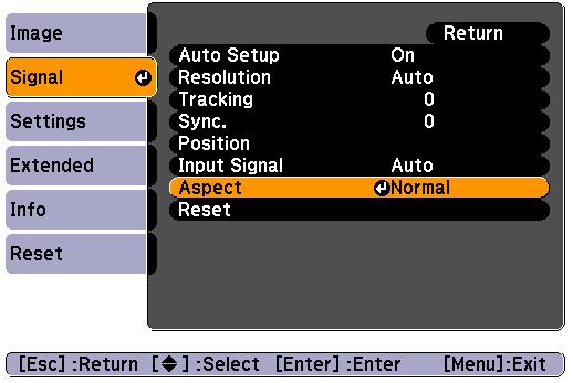 Functions for Enhancing Projection 25 B Press the [Enter] button to display the "Aspect" screen.