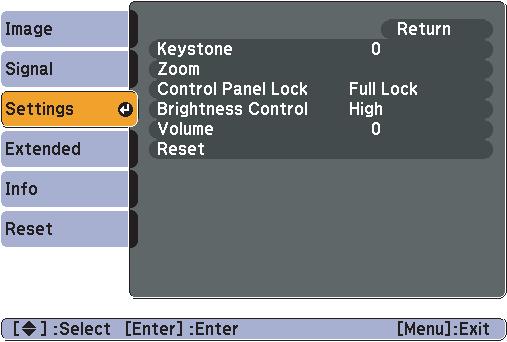 selected item D Exit Guide Sub menu (Settings) Buttons used Using