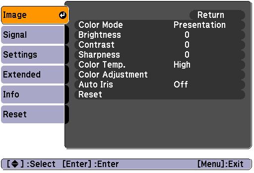 List of Functions 40 Image Menu Items that can be set vary depending on the image signal currently being projected as shown in the following screen shots.