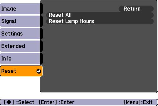 List of Functions 47 Reset Menu Sub Menu Reset All Reset Lamp Hours Function You can reset all items in all menus to their default settings.