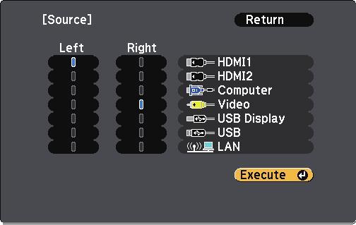 Projecting To Imges Simultneously 55 c To select n input source for the other imge, select the Source setting, press [Enter], select the input source, select Execute, nd press [Enter].