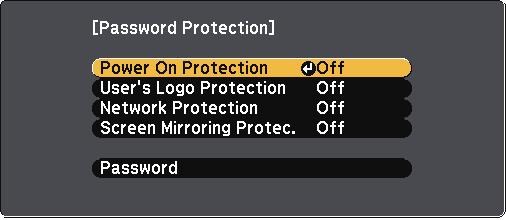 Projector Security Fetures 74 b c d Select Pssord nd press [Enter]. You see the prompt "Chnge the pssord?". Select Yes nd press [Enter].