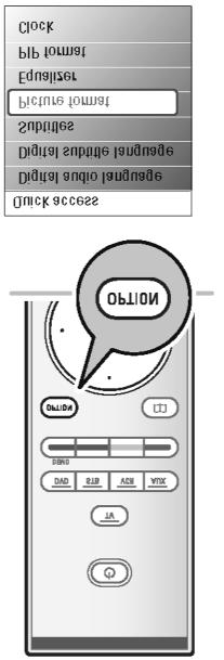 Vajutage OK nuppu, et hüpata televiisorimenüüs valitud menüüelemendile (välja arvatud Clock (kell) valiku korral). 4. Kasutage valiku tegemiseks kursorinuppe. 5. Väljumiseks vajutage OPTION nuppu.