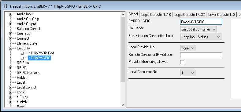 Select the element THipProDialPad. Enter the identical reference name on the page GLOBAL under EMBER+ GPIO as in the MAGIC THipPro (, Basic configuration MAGIC THipPro).