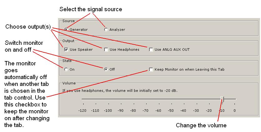 Figure 14: Controls in the Monitor tab When the headphone output is enabled and the volume setting is higher than -20 db, the volume is automatically reduced to -20 db to protect the listener s ears.