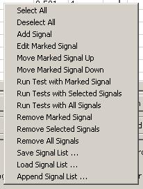 Figure 17:Context menu of test signal list The list can be edited using the buttons below the left half of the grid or with the respective entries in the context menu.