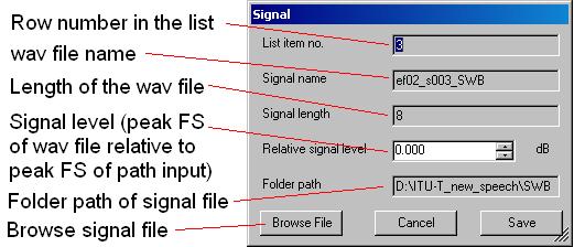 signal to the list, click the Add button in the Test Control tab, click the Browse File button in the signal window and browse to the desired speech signal file.